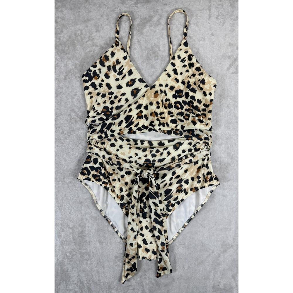 Aerie XL Leopard Print One Piece Swimsuit Wrap Tie Waist Cutout Full Coverage